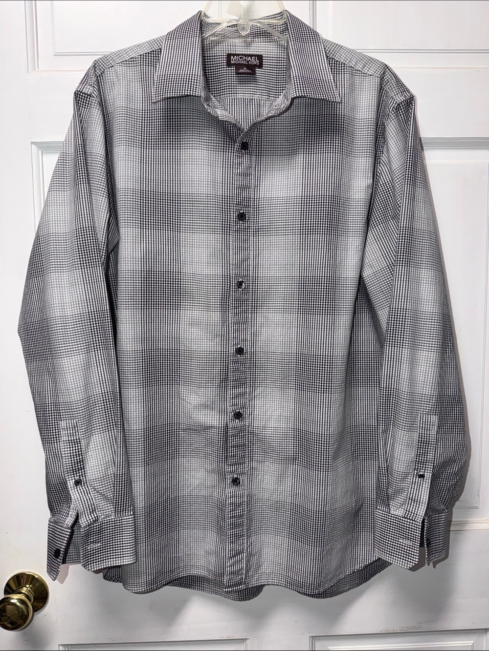 Michael Kors Black & White Micro-Check Long Sleeve Dress Shirt